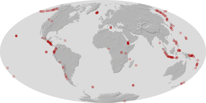 Global map of volcanoes monitored by the Autonomous Science Experiment.