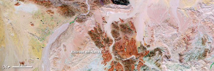 Shortwave IR, near IR, visible, false-color image of Kirbhat en-Nahas, Jordan.