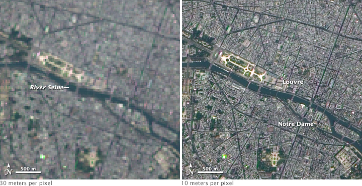 Comparison of 30 meters per pixel natural-color image and 10 meters per pixel pan-sharpened image.
