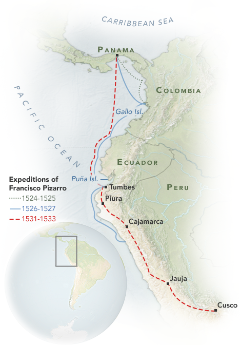 Map showing the approximate routes of the conquests of Francisco Pizzaro.
