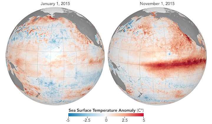 Map comparing sea surface temperature anomalies before and during an El Niño.