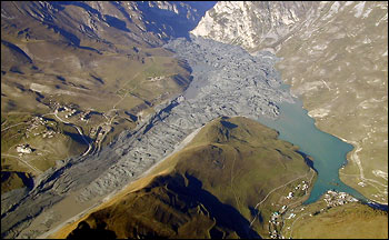 Aerial Photograph of Kolka Glacier Debris and Karmadon