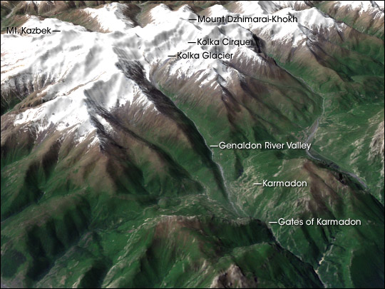 3D Perspective View of Karmadon and Mount Kazbek