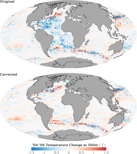 Maps of 2004 through 2006 ocean temperature change at a depth of 500 meters comparing corrected to uncorrected data.