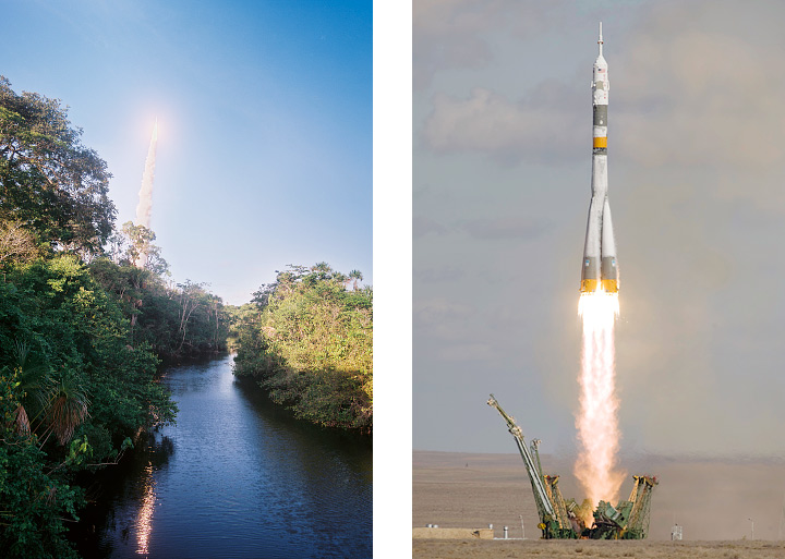 Photographs of an Ariane 5 launch from French Guiana and a Soyuz launch from kazakhstan.