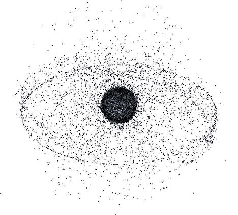 Illustration of space junk in Geosynchronous orbit.
