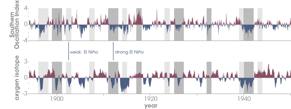Graph showing El Nino patterns recorded in a coral core