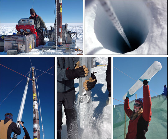 Five photographs showing ice core drilling on the Greenland summit