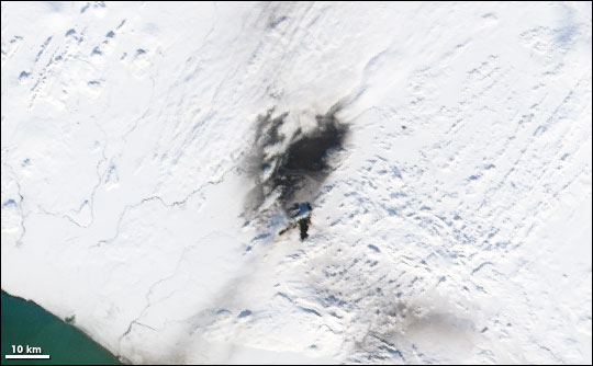 Satelliter image of ash from Hekla Volcano on Icelandic snow