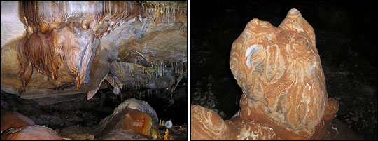 Photographs of dry (left) and wet (right) speleothems