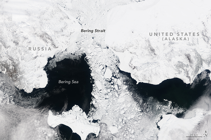 Satellite image of sea ice streaming through the Bering Strait on May 7, 2000.