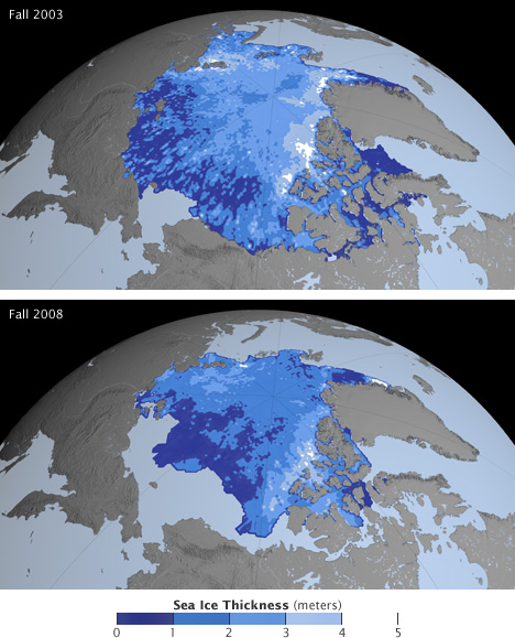Maps of Arcitc sea ice thickness in 2003 and 2008.