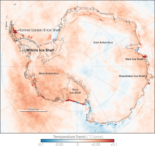 Map of temperature trends in Antarctica, 1981 through 2007.