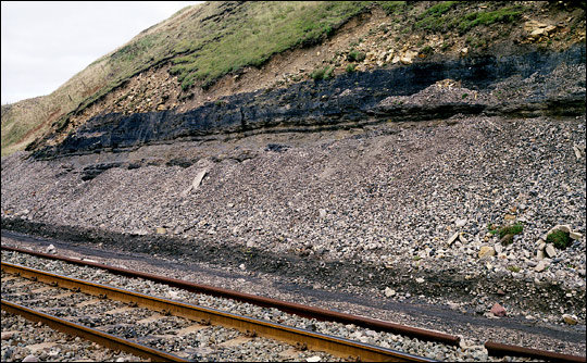 Photograph of exposed coal near Providence Bar, Parton, England.