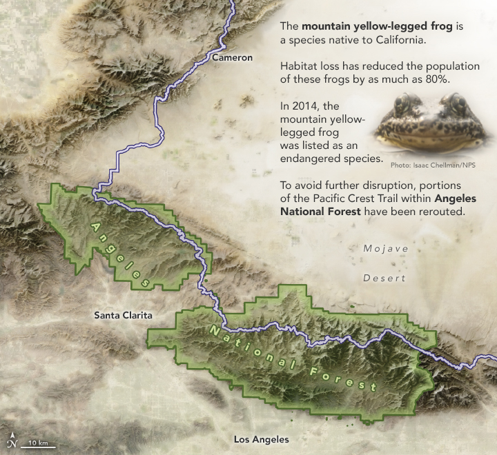 A map of Angeles National Forest and the Pacific Crest Trail from Cameron to east of Los Angeles.