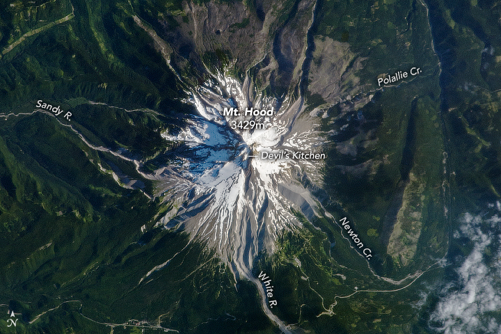 A photograph of Mt. Hood taken from the International Space Station.