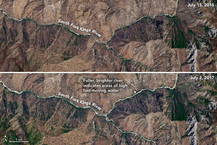 A pair of satellite images comparing water levels at the South Fork Kings River in 2016 and 2017.