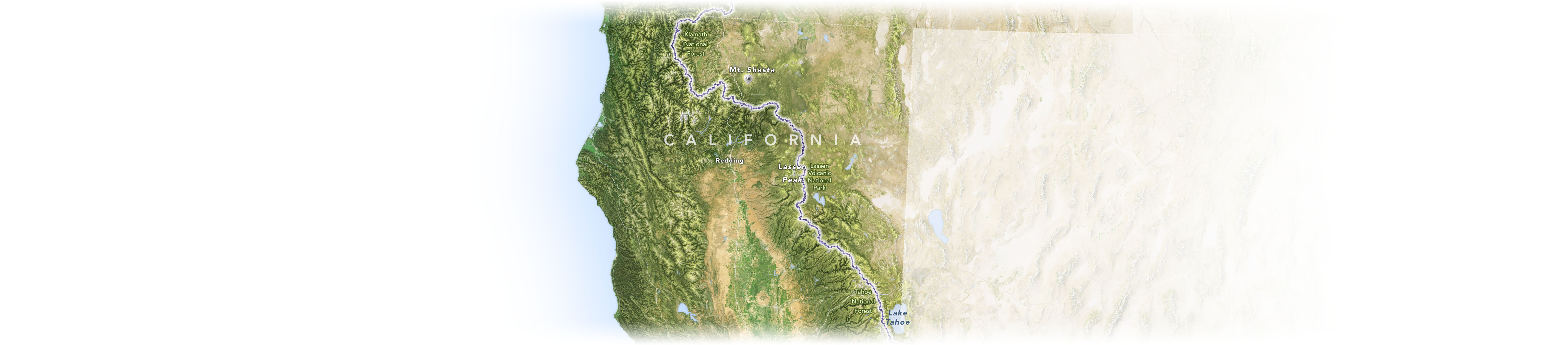 A map of the Pacific Crest Trail and nearby landmarks in northern California.