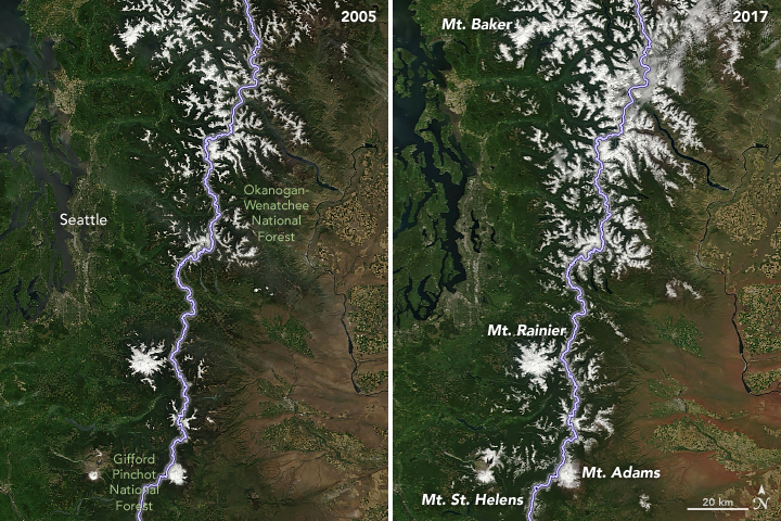 A pair of satellite images comparing snowfall in northern Washington between 2005 and 2017.