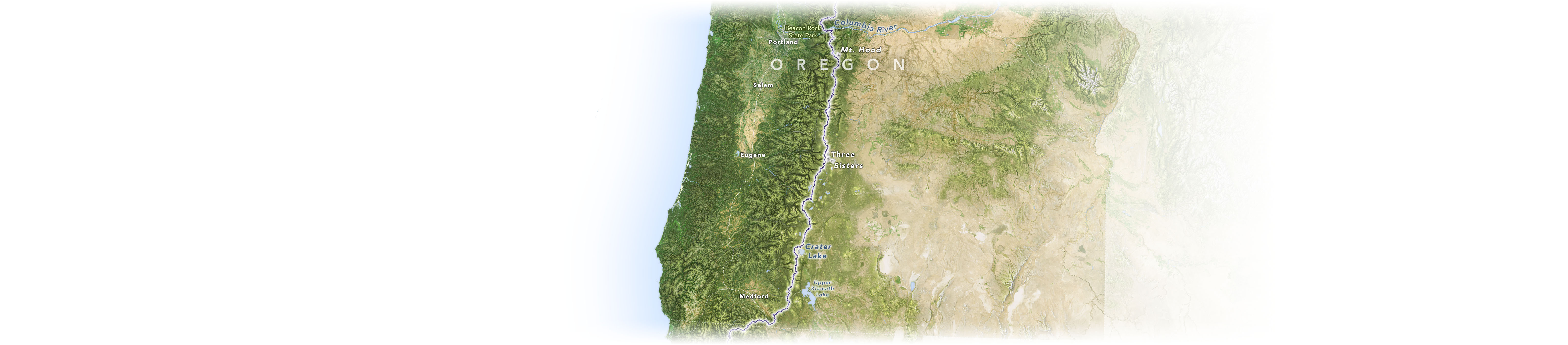 A map of the Pacific Crest Trail and nearby landmarks in the state of Oregon.