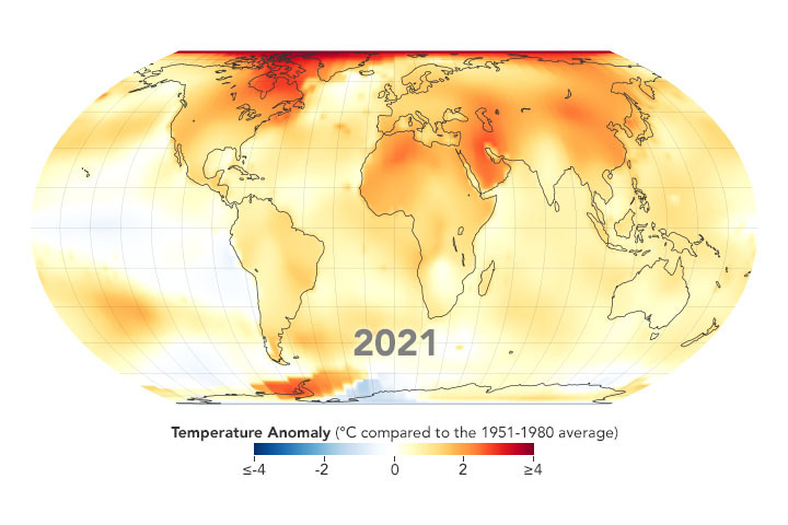 Map of global temperature anomalies in 2021